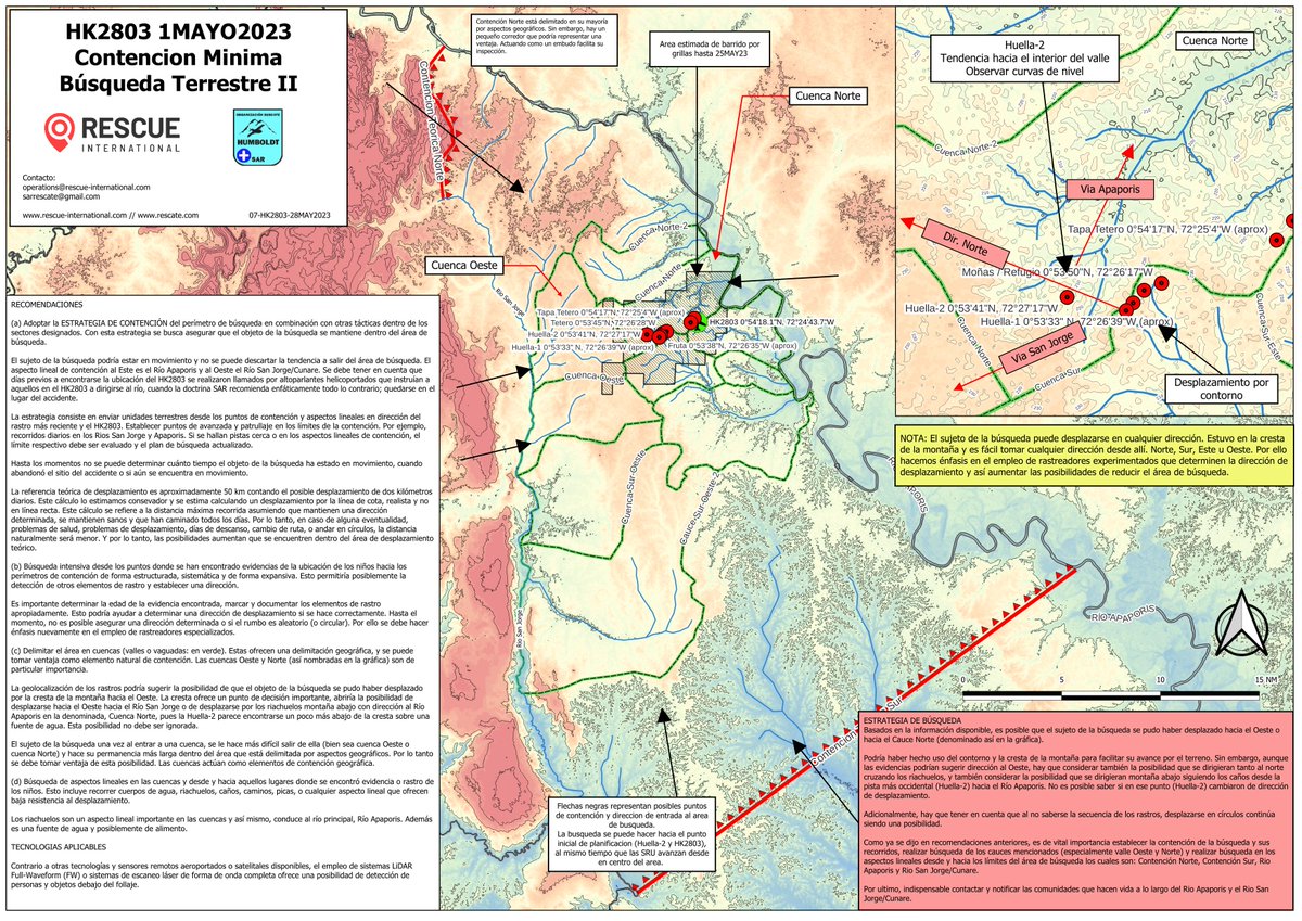 Plan Updated! 
Bottom line:
a. Presence in contention points.
b. Search all linear features in watersheds and search area in general.
c. Not getting stuck in inefficient grid search. Combining search types is a must.
@sarrescate @AerocivilCol @FuerzaAereaCol #OperacionEsperanza