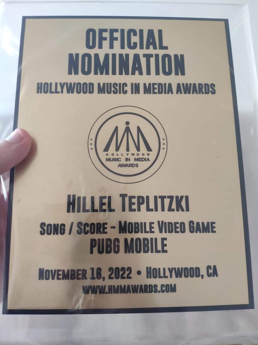 Well, look at what just arrived in the mail!
My good friend Nir Shor decided to send me a physical plaque of my HMMA nomination for my composition for PUBG Mobile as a late bday present and man did it put a huge smile on my face!