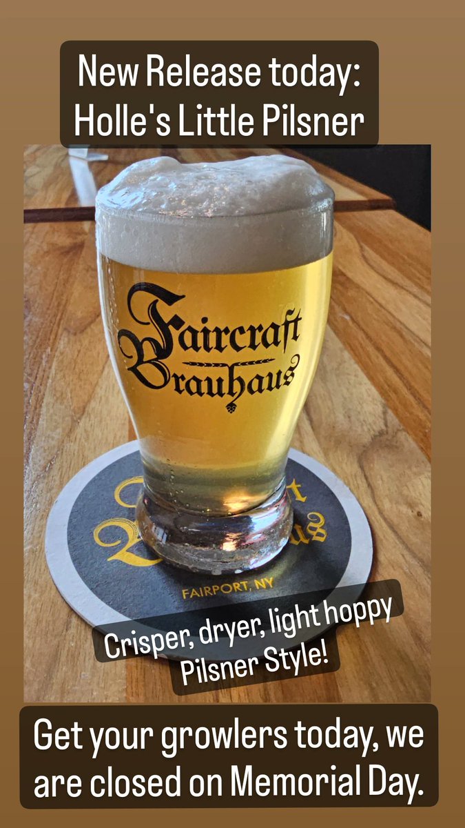 CraftBrauhaus's tweet photo. Newly released today:
Lighter, crisper, dryer, our light hoppy Pilsner style brewed on our new brew system.
Last Day of Vienna Lager! Get your growlers now for Memorial Day as we are closed tomorrow in remembrance.
@NYScraftbeer #Pilsner
#CraftBeer @deanjonesGBH
@WillCleveland13 https://t.co/aj00DCeAqg
