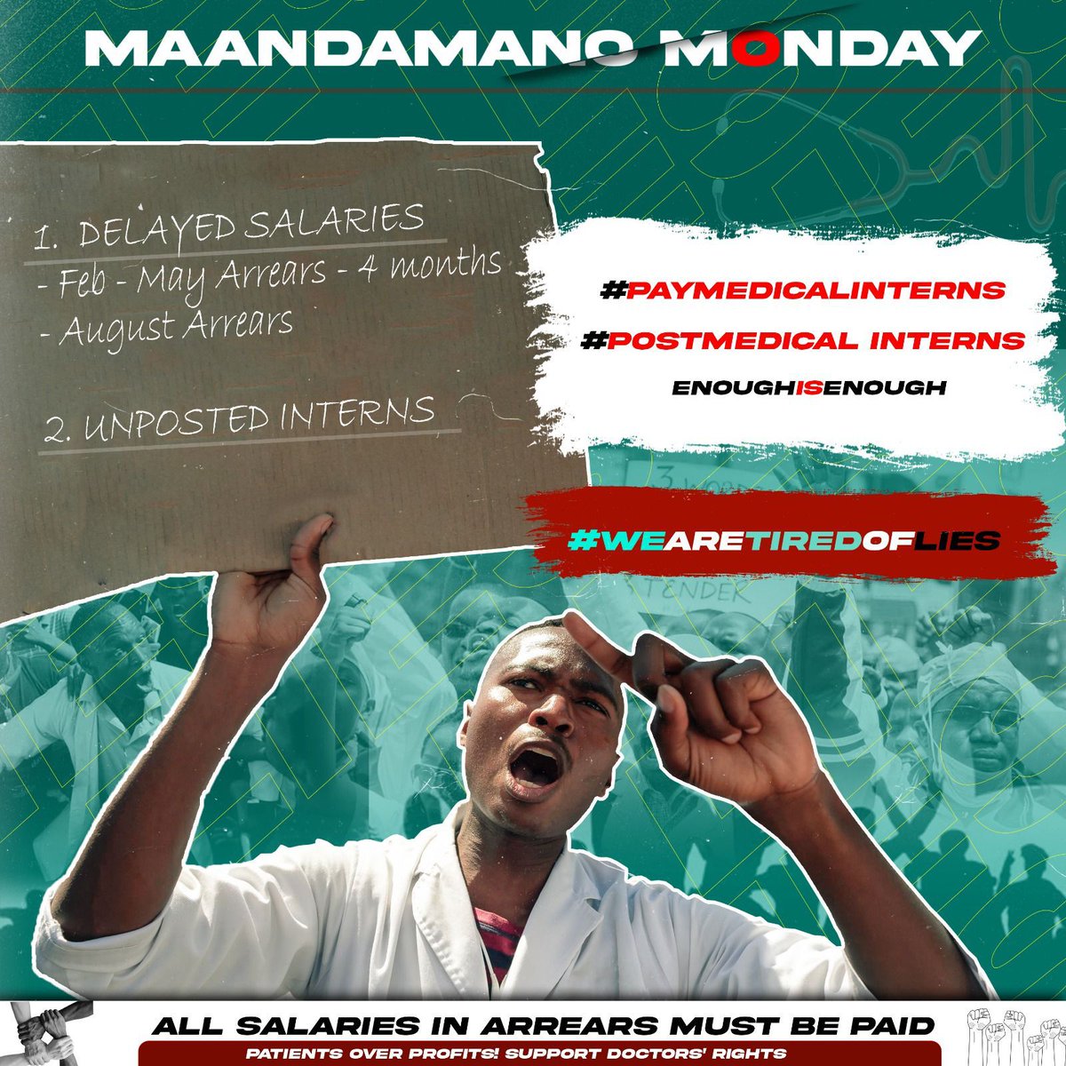TheIntern254's tweet photo. Nikama interns wamechoka 
#Maandamanomonday is back courtesy of @MOH_Kenya and @Nakhumicha_S 
Intern doctors swear to paralyse operation as AFYA house till 
1. August/ 4 months arrears is paid fully 
2. Posting of interns doctors is done @drthuranira kuna copyrights 📸 🤣 https://t.co/AXPOP7UPlB