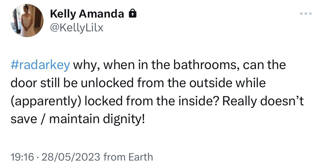 SeanDBullock's tweet photo. My wife keeps her profile locked down, so I can’t retweet this. 

This is a massive weakness in the #radarkey scheme. If you have a key (which anyone can buy online), you can open the toilet door regardless of whether someone is already using the facilities. https://t.co/D4FlkM3WYW
