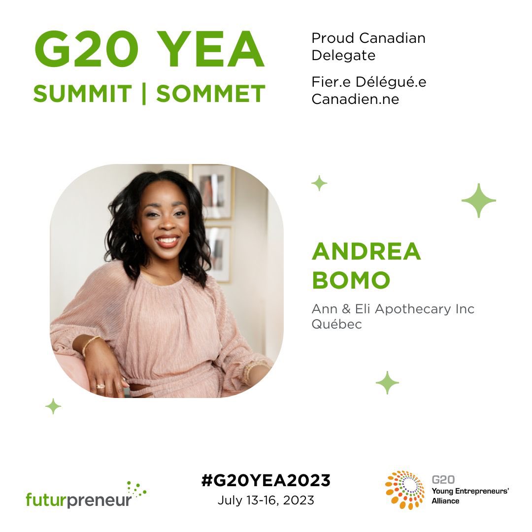 AndreaBomo's tweet photo. Honorée de faire partie des entrepreneurs qui représenteront le Canada au G20 en Inde cette année. Reconnaissante pour cette opportunité d’apporter ma contribution à la politique mondiale en matière d’entrepreneuriat et d’explorer un nouveau marché avec @aneliapothecary. #G20YEA https://t.co/pf3FZy9I78