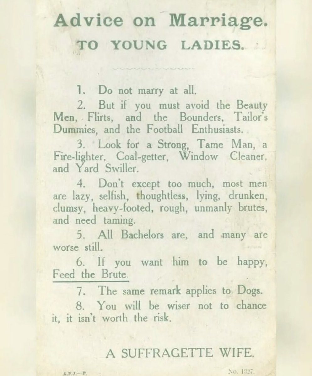 historyinmemes's tweet photo. Marriage advice for young ladies from a suffragette, 1918. The pamphlet is on display at the Pontypridd Museum in Wales. The suffragette is unknown. https://t.co/IJUxVeVDKX