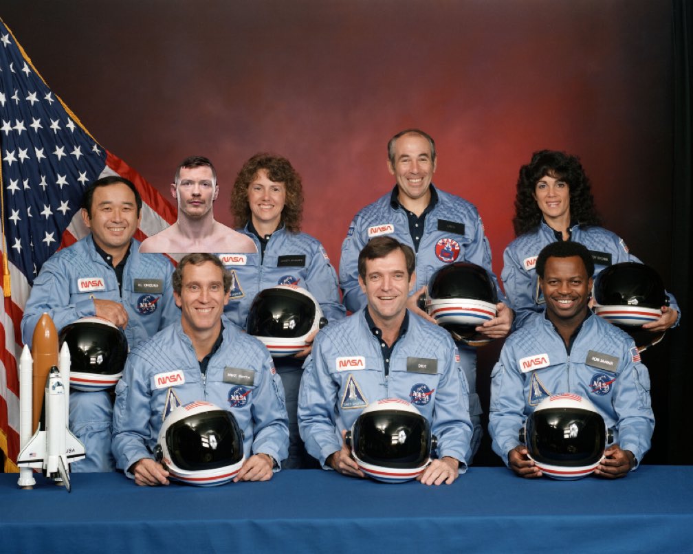 JoeIsThere's tweet image. Joe Duffy with the Challenger Space Shuttle crew, and surviving the explosion (January, 1986)