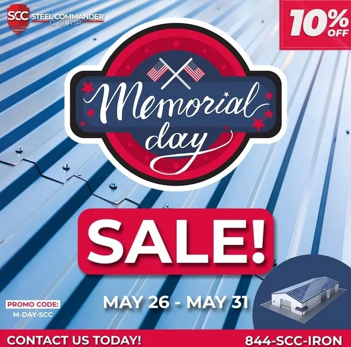 🚨Memorial Day Sale Going On NOW! Get 10% OFF Regular Inventory! Use Promo Code M-DAY-SCC 
May 26th - 31st! Contact Us Today steelcommandercorp.com/buy-metal-buil…

#memorialday #memorialdaysale #memorial #memorialday2023 #memorialweekend #SCC #steelbuilding #steel #iron