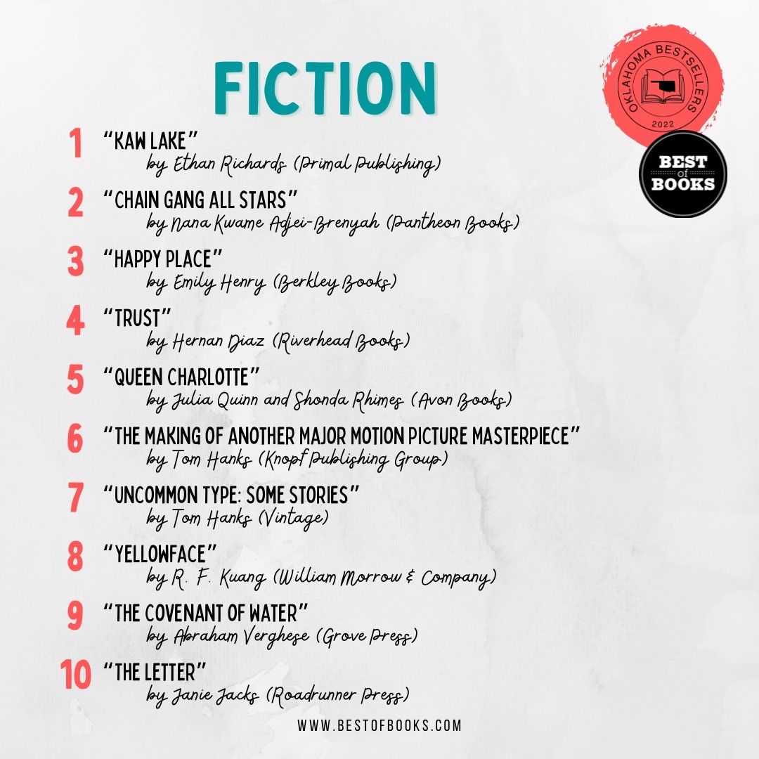 The Oklahoma Bestsellers in Fiction. #booksoftheweek #okbestsellers #fiction #adultfiction #bestsellers #tbr #toberead #readinglist #whattoread #independentbookstore #bestofbooks #shopsmall