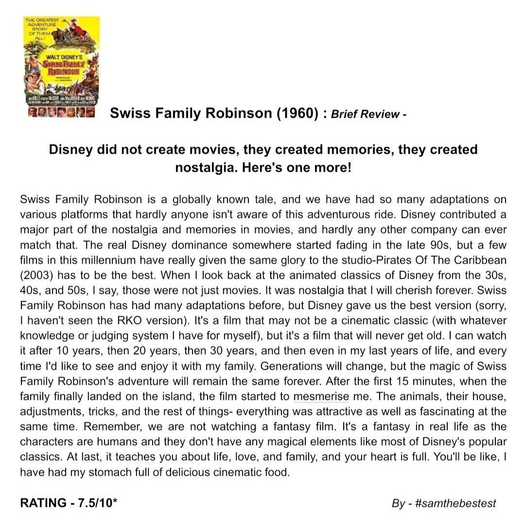 Watched #SwissFamilyRobinson (1960):

Disney did not create movies, they created memories, they created nostalgia. Here's one more!

RATING - 7.5/10*

#kenannakin #johnmills #dorothymcguire #jamesmacarthur #janetmunro #sessuehayakawa #tommykirk #kevincorcoran #cecilparker #andyho