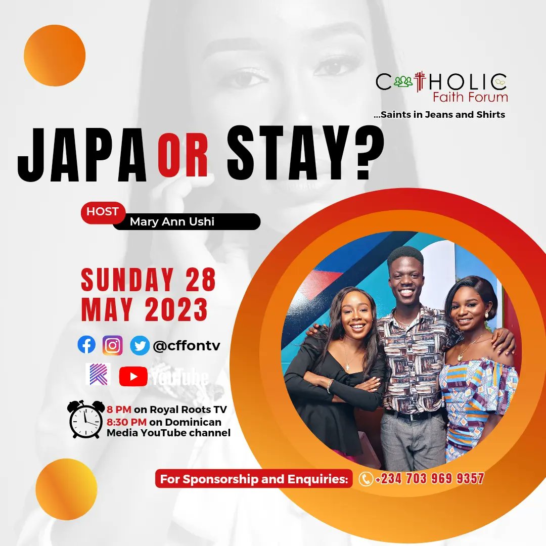 cffontv's tweet photo. SEASON FINALE

Don't miss this all-important discussion. Are you Team JAPA or Team STAY?

Subscribe on YouTube @dominicanmedia &amp; watch the full episode at 8:30pm WAT.

#CFF13 #CatholicFaithForum #SaintsInJeansAndShirts #dominicanmedia 

#CFF13 #CatholicFaithForum #dominicanmedia https://t.co/qUySY8Ej0D