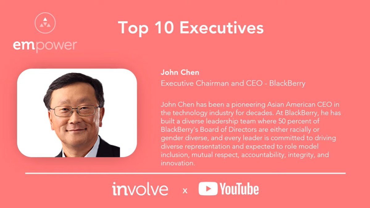 🎉 #BlackBerry Executive Chairman and CEO John Chen has been recognized on <a href="/EMpoweriB/">Empower</a>'s Top 100 Empower Role Model list for his efforts in promoting diversity and removing barriers for ethnically diverse employees.

#EMRoleModels23 #DEI

📺 Watch now: youtu.be/3NlUQGLwQLQ?t=…