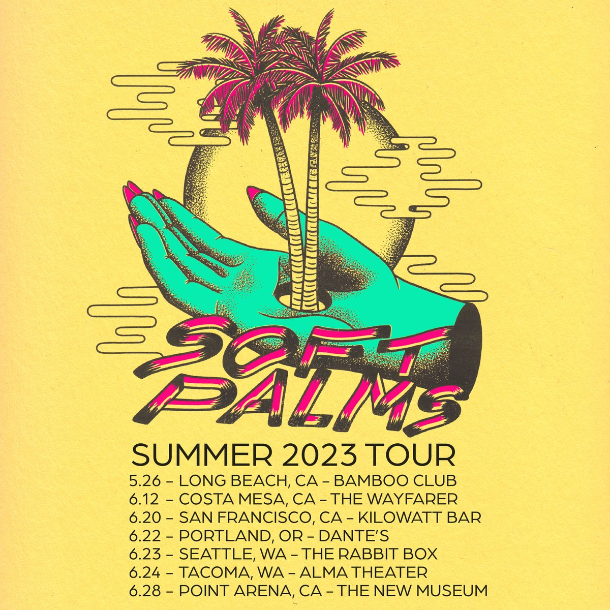 🌴Upcoming Shows!
6.12 Costa Mesa, CA <a href="/wayfarercm/">The Wayfarer</a>
6.20 San Francisco, CA @ Kilowatt Bar 
6.22 Portland, OR @ Dantes
6.23 Seattle, WA @ The Rabbit Box
6.24 Tacoma, WA @ ALMA
6.28 Point Arena, CA @ New Museum Brewery
softpalmsmusic.com/upcoming-event…