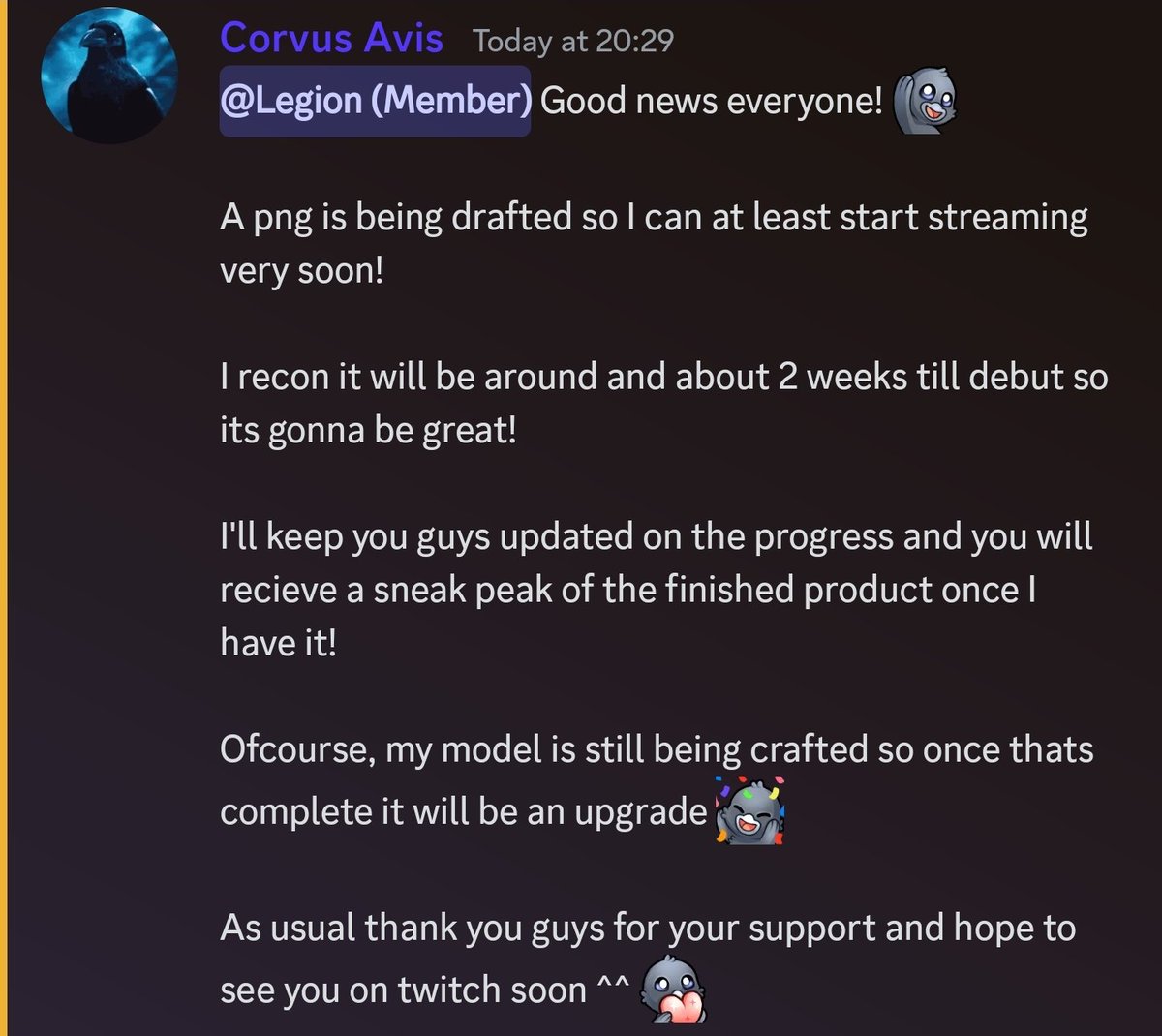 CorvusAvis666's tweet photo. Announcement on my discord!
If you join it you'll have a sneak peak as well  since it's a discord exclusive!
You can find the link to it all in my bio so see you there!

#Vtubers
#VTuberEN 
#twitch https://t.co/calRmuSZie