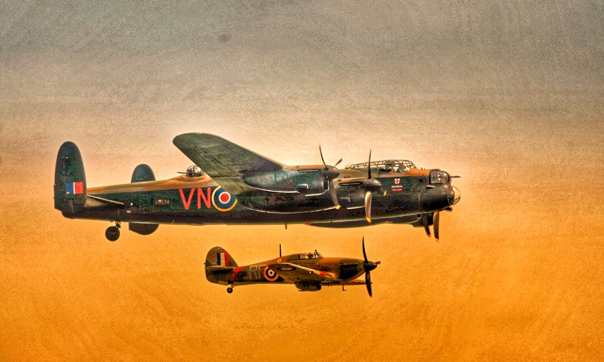 #Bbmf #liverpool #photo #art a painted version of the Lancaster and Hurricane over Liverpool today .