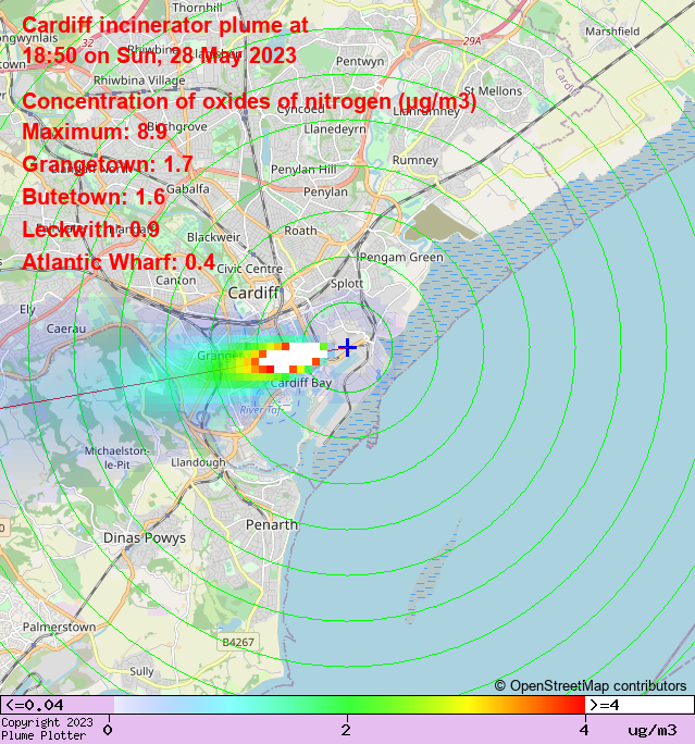 plumeplotter's tweet photo. Latest Cardiff incinerator plume plot, 18:50 28/05/23 #Grangetown #Butetown #Leckwith https://t.co/HI9XmVnbT1 https://t.co/zIILhDk3fF