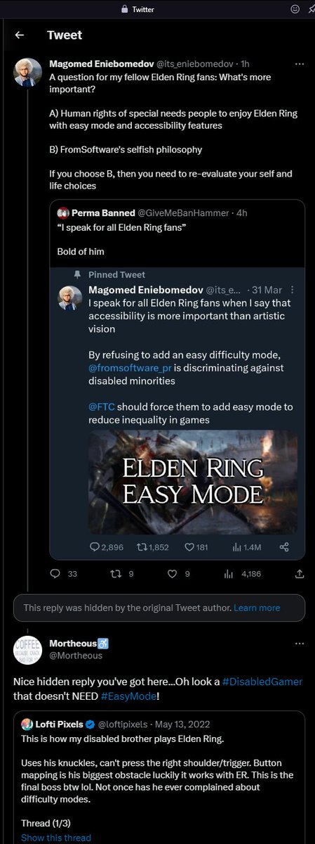 Mortheous's tweet photo. Look what we have here...Someone likes to #HIdeReplies from actual #DisabledGamers...Why is that @its_eniebomedov? https://t.co/PVGYF1Kfsz
