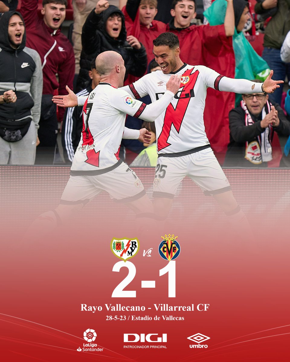 RayoVallecano's tweet photo. ⚡️ ¡¡¡FINAAAAAL EN VALLECAS!!! (2-1)
⚽️ @RaulDeTomas9 e @Isinhho 

#RayoVillarreal #VamosRayo https://t.co/Sdgvjm9CJd