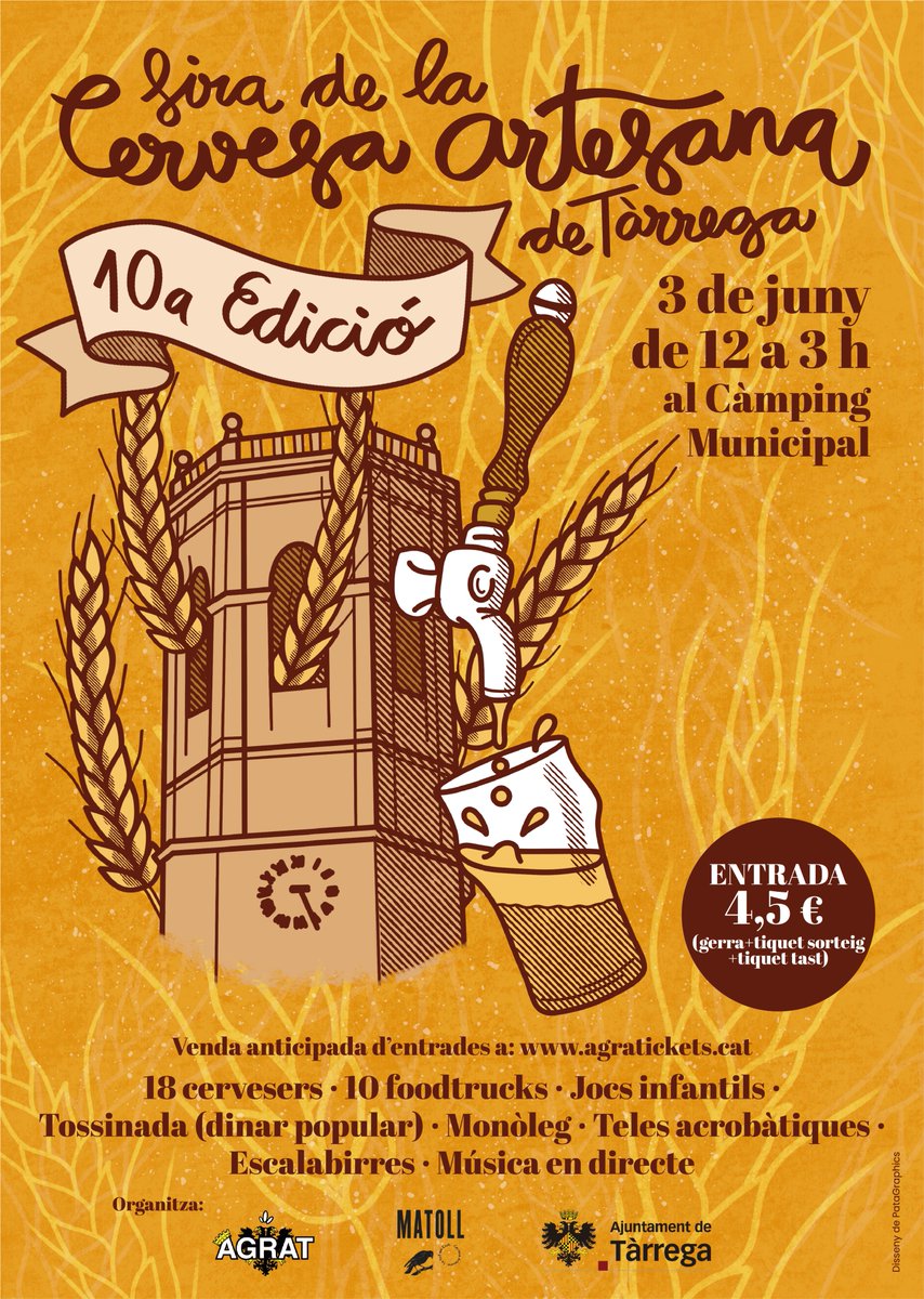 ajtarrega's tweet photo. 🍺 Posem el compte enrere en marxa per a la 10a Fira de la Cervesa Artesana de #Tàrrega

🗓️ Us esperem el dissabte 3 de juny, a partir de les 12 del migdia al Càmping Municipal 

✅ Organitzada per @AGRATtarrega i @CervesaMatoll amb el suport de la Regidoria de Promoció Econòmica https://t.co/biGULikrto