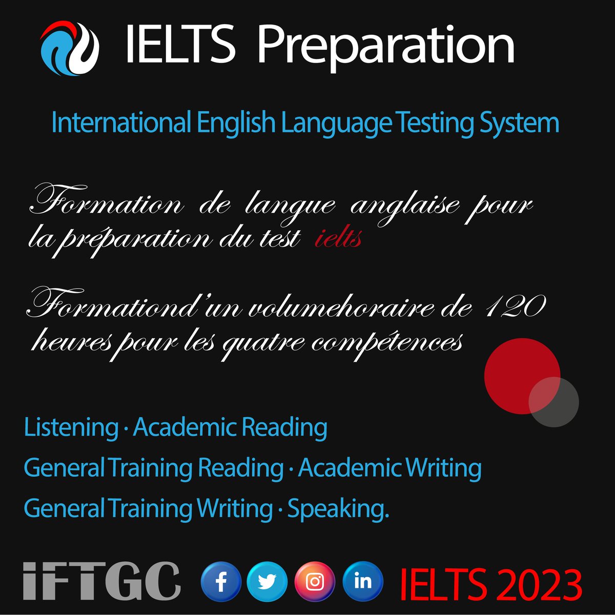 IFTGC1's tweet photo. 🇬🇧 IELTS Preparation 2023/2024
🥇Gagnez confiance et obtenez un score élevé au test IELTS, avec notre programme de préparation complet.
👩🎓🎓Avec des cours en présentiel, vous pouvez étudier à votre rythme et selo
#IFTGC #BTS #IELTS #testIELTS #préparationIELTS #anglais #étudiant https://t.co/1vqyc2BUtX