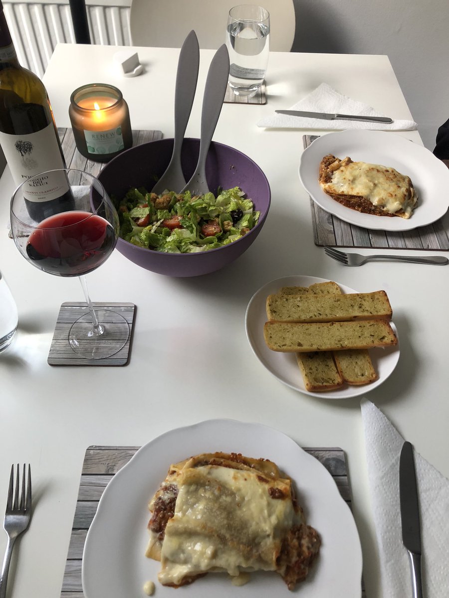 pinkgirlflower's tweet photo. An Italian dinner tonight. Lasagne with garlic bread and an Italian salad (I think it’s the olives and Parmesan that makes it ‘Italian’) and what could be better to serve it with than a Chianti Classico https://t.co/uCuvrOVHE3