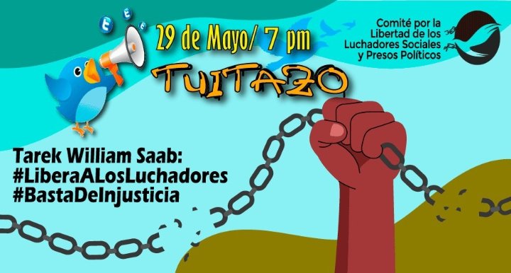 BRGUARICO's tweet photo. 🚨🚨🚨únete al tuitazo este lunes 29 de mayo apartir de las 7pm... Los luchadores #SonInocentes... A casi 11 meses presos por el juez corrupto Márquez sufren afectaciones de salud... @TarekWiliamSaab #LiberaALosLuchadores #bastaDeInjusticia... https://t.co/eLOse9bWlk