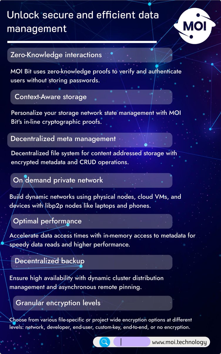 hamzaumer33's tweet photo. Did you know?
A web-3 platform called MOI Bit offers adaptive data management using private clusters on shared infrastructure.
Explore some features of #MOIBIT to Unlock secure and effective data management.
More Info: https://t.co/36mynalDPD
#MOI @MOI_Tech https://t.co/nm08BDhtuy