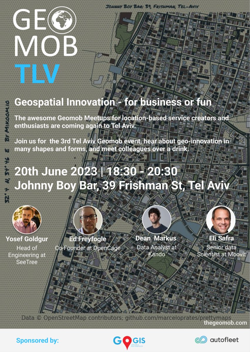 The 3rd Geomob TLV Meetup is here! Join us to hear exciting short talks on innovative geospatial ideas &amp; meet fellow geeks over a drink. 20th June at 18:30, Johnny Boy Bar, TLV. Register here: rb.gy/ui9vv
Big thanks to our sponsors GoGIS  &amp; <a href="/autofleet_io/">autofleet</a> 
#geospatial