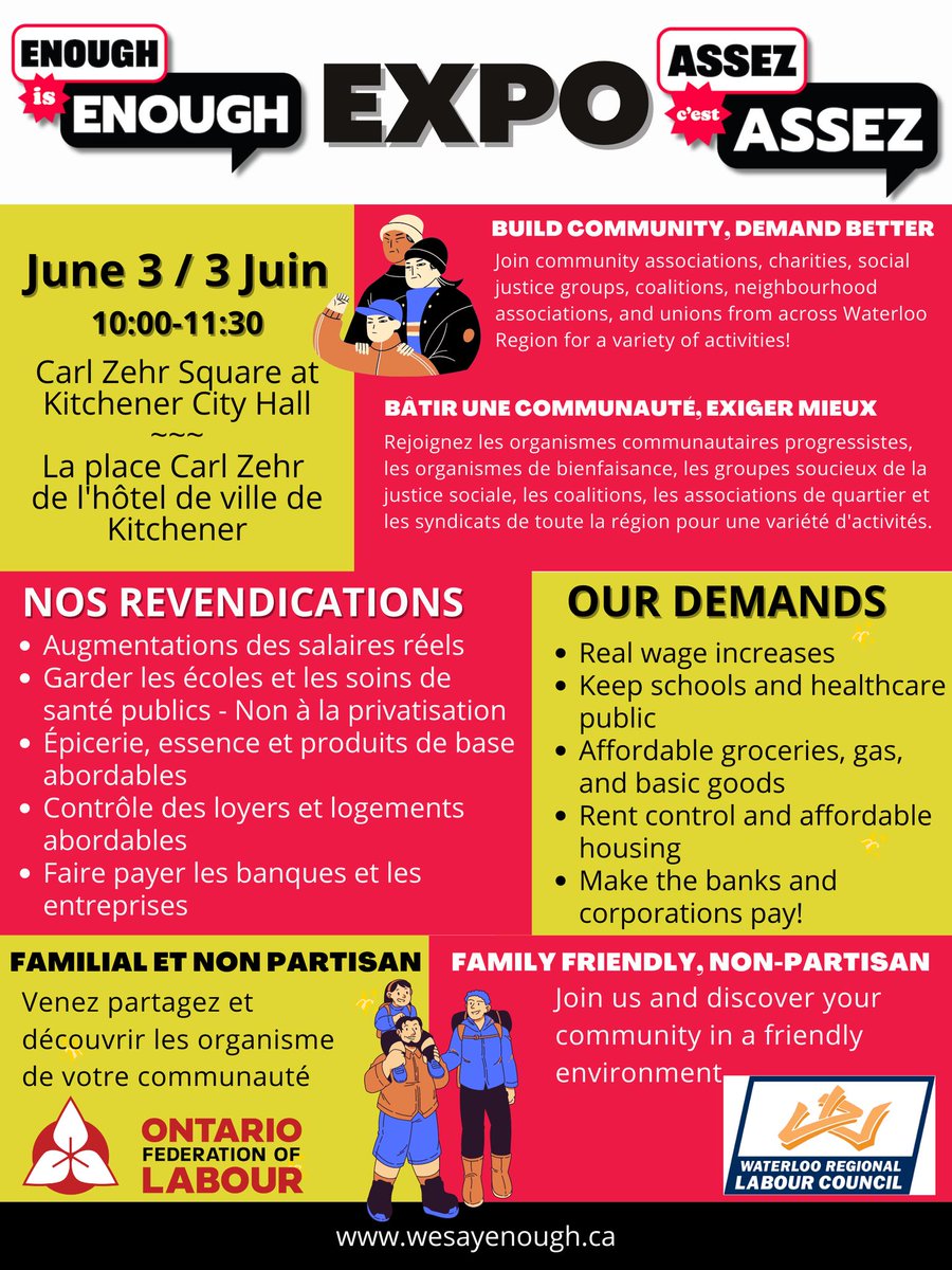 jjdonkersgoed's tweet photo. "The greatness of a community is most accurately measured by the compassionate actions of its members." – Coretta Scott King

On June 3rd, come see what this looks like in #WatRegion at the @wrlabourcouncil  #EnoughisEnough Expo.

@OFLabour @CLCOntario @osstf @ontarionurses https://t.co/MggfRJvr9o