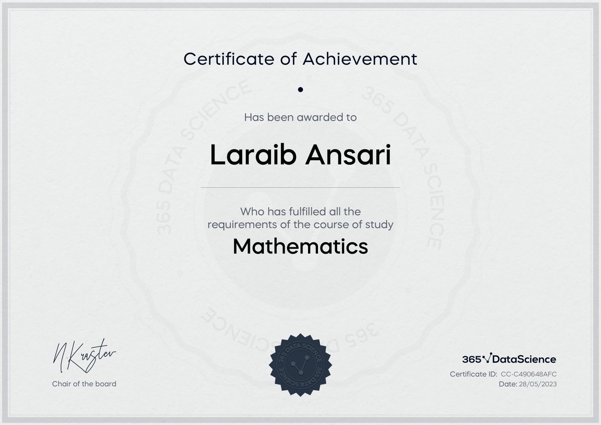 _Laraib_Ansari's tweet photo. T9: #100daysofcoding
✅Today I brushed up basic Linear Algebra.
✅Learned about Tensor, numpy, matrix multiplication, etc.
🎓Here is my course certification.
#happy #selfimprovement #learning #DataScience #365datascience https://t.co/Zw4DVeAUhe