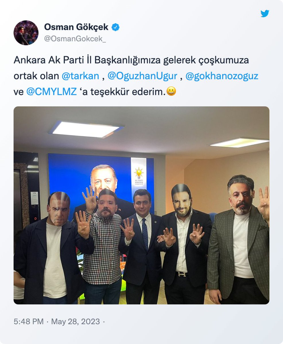 onedio's tweet photo. Melih Gökçek'in oğlu Osman Gökçek: 

Ankara AK Parti İl Başkanlığımıza gelerek coşkumuza ortak olan Tarkan, Oğuzhan Uğur, Gökhan Özoğuz ve Cem Yılmaz'a teşekkür ederim. 😀 https://t.co/0ductxUjBa