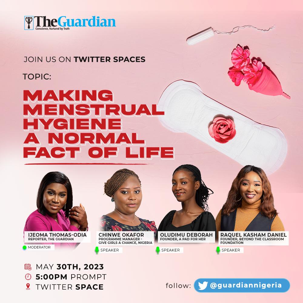 Set a reminder for our upcoming Space with @deborah_oludimu, <a href="/apadforher/">A Pad for Her</a>, @Theraqueldaniel, <a href="/ggac_ng/">Give Girls A Chance</a> as we discuss making menstrual hygiene a normal fact of life.
x.com/i/spaces/1yNGa… 

#MenstrualHygieneDay #MenstrualHygieneDay2023 #Nigeria