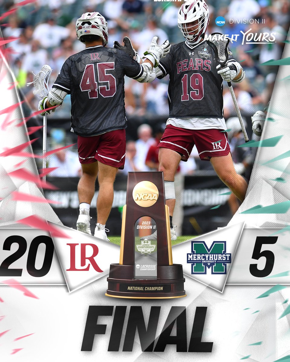 NCAADII's tweet photo. FINAL SCORE FROM PHILLY‼️👏

@LRUMLAX defeats @hurstmlaxtrain and wins the 2023 #D2MLAX National Championship!

#MakeItYours https://t.co/qGg4phenMf