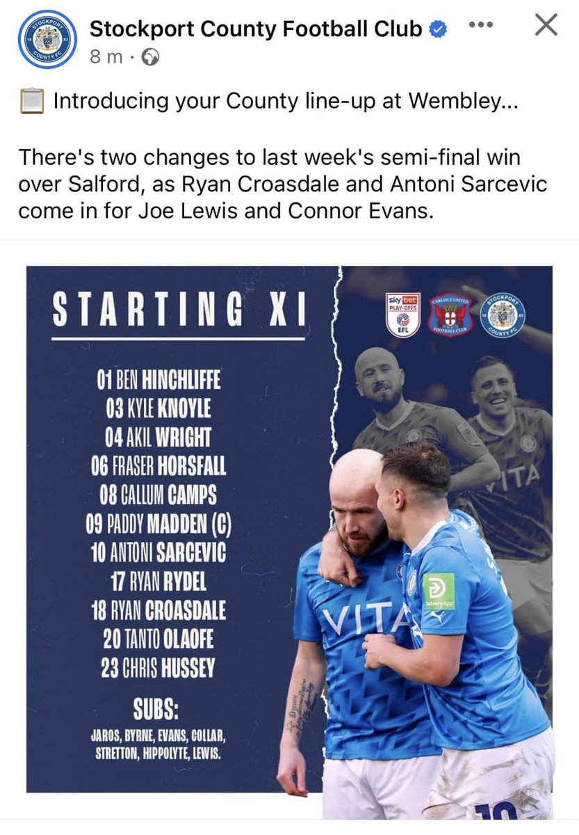 BobbyFooty22's tweet photo. Unlucky today @StockportCounty you did us proud. Automatic promotion next year ⚽️👊💙 https://t.co/xdHuc13ept