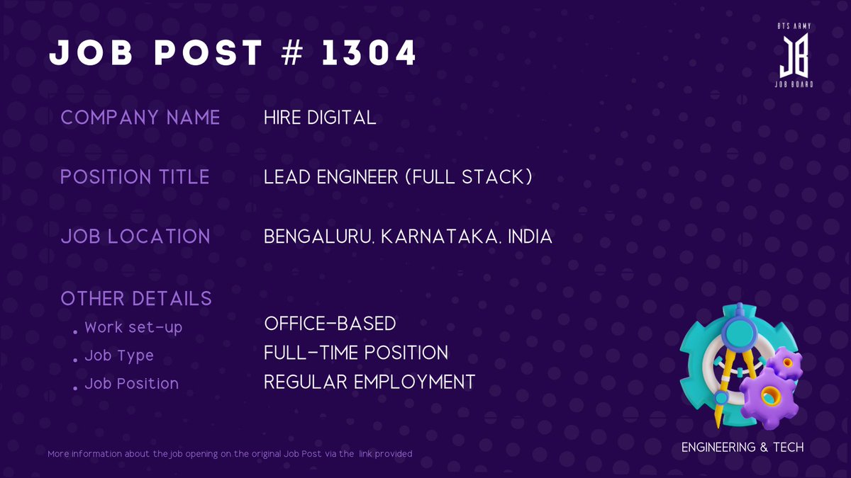 BTSARMYJobBoard's tweet photo. #BAJBIndia
BENGALURU, KARNATAKA, INDIA
https://t.co/6zsEev3wwC
#BAJBEngineering #BAJBInfoTech
ARMYs, kindly contact the job poster / hiring party directly for more information. π€
Good luck! π https://t.co/GWiAtSdUdx