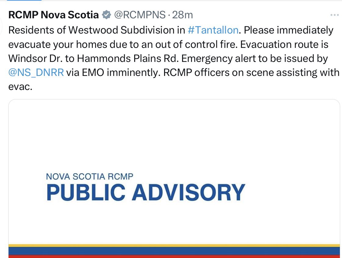 Q104 Update: From <a href="/RCMPNS/">RCMP Nova Scotia</a>   If you’re in the Westwood Subdivision in #Tantallon. Please evacuate your homes due to an out of control fire.