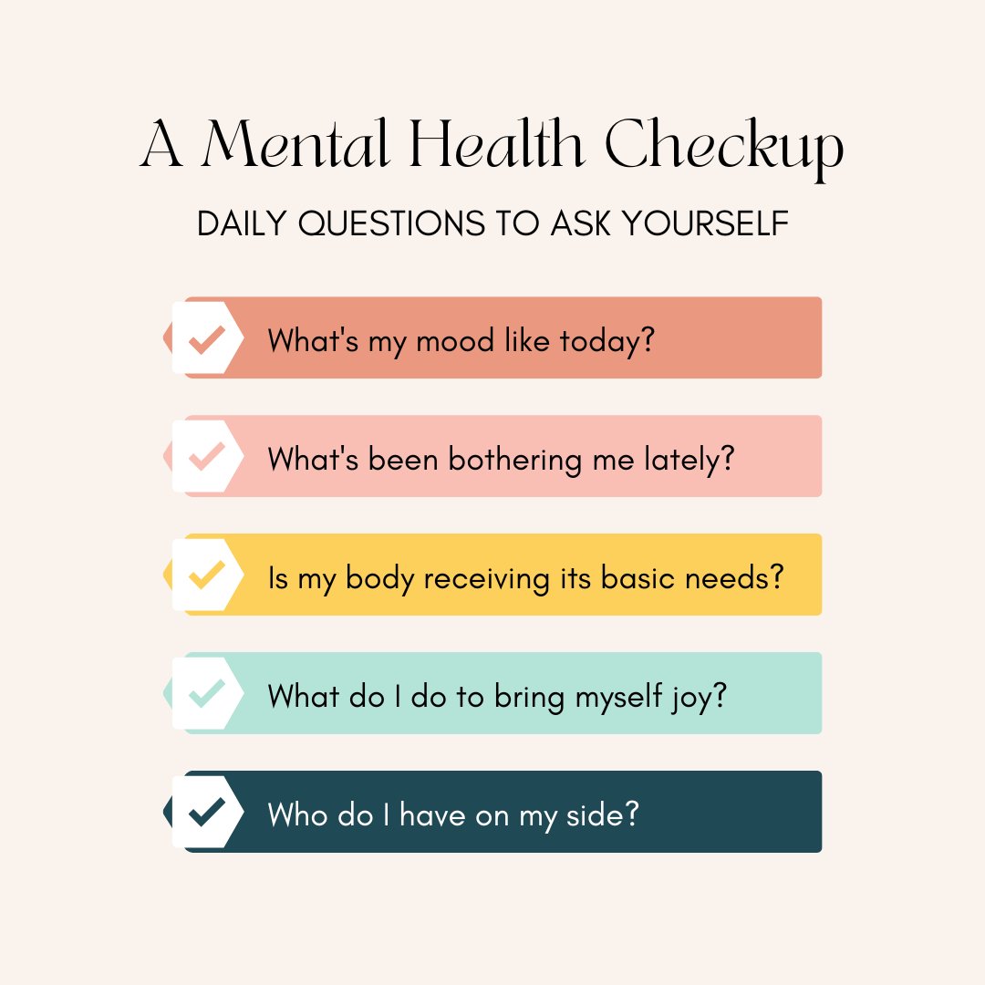 NEprevention's tweet photo. Asking yourself these daily questions is one way to keep track of your mental health! Turn it into a daily routine and journal your answers to start a health habit that can make a big impact on your mental health.  
 
#YouMatter #SuicidePrevention #NEYSP #MentalHealthMonth https://t.co/6TvBZArXeb