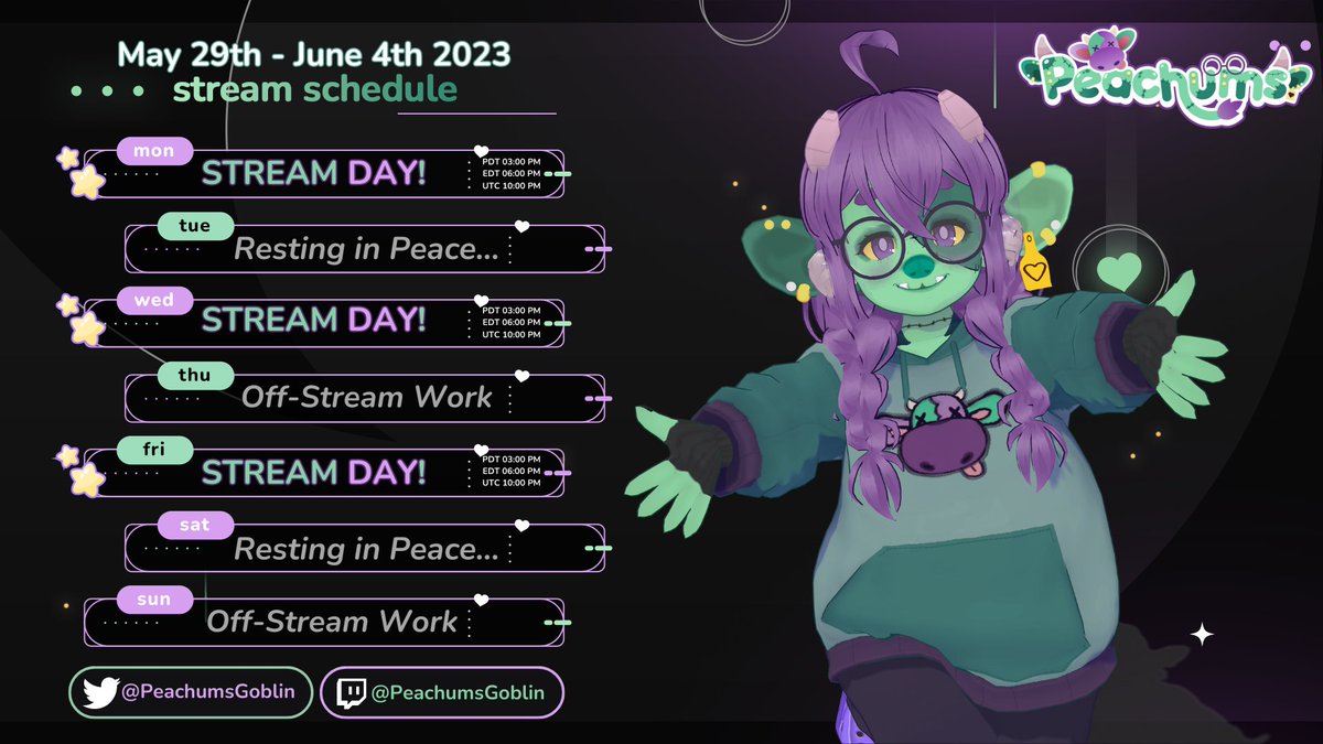 💚💜STREAM SCHEDULE💜💚
May 29th - June 4th 2023

ACTIVITIES PLANNED:
✨The Legend of Zelda: Tears of the Kingdom
✨ Cassette Beasts
✨ Roots of Pacha
✨ Animal Crossing: New Horizons

I hope you come spend time with me in my cozy gobsoleum!

#VTuber #ENVTuber #Goblin #CozyChaos