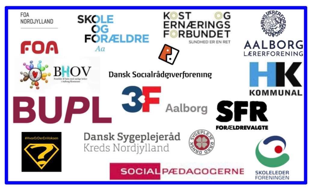 Stærkt samarbejde mod de bebudede massive besparelser i <a href="/AalborgKommune/">Aalborg Kommune</a> 💪
<a href="/omsorgnu/">#Hvorerderenvoksen</a> <a href="/SkoleForaeldre/">Skole og Forældre</a> <a href="/bupldk/">BUPL</a> <a href="/dlforg/">Danmarks Lærerforening</a> <a href="/hkkommunal/">HK Kommunal</a> <a href="/FOA_dk/">FOA</a> <a href="/BhovAal/">BHOV - Forældre Til Børn Med Særlige Behov</a> <a href="/Socialrdgiverne/">Dansk Socialrådgiverforening</a> <a href="/Sygeplejeraadet/">Dansk Sygeplejeråd</a> <a href="/socialpaed/">Socialpædagogerne</a> <a href="/skolelederOrg/">Skolelederforeningen</a> <a href="/claus_dk/">Claus Nielsen</a>