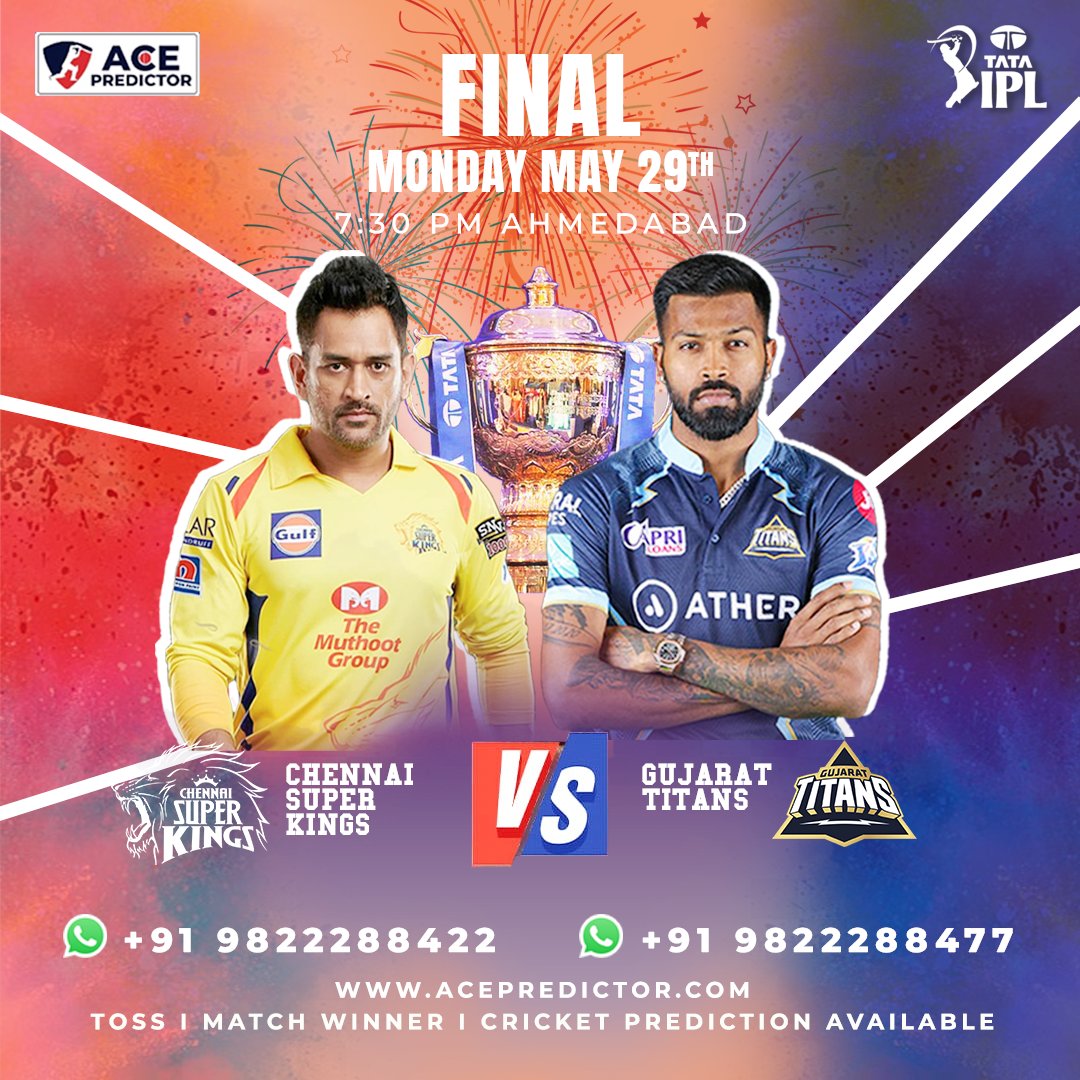 INDIAN PREMIER LEAGUE 2023
29th MAY
Match 74 Final (7:30 PM)
Chennai Super Kings vs Gujarat Titans 

#cricketseason #cricketshaukeens #cricketfever #indianpremierleague #cricketlovers #cricketers #cricketleaguelive #cricketlife #cricketmatch #cricketbat #cricketworldcup #cricket