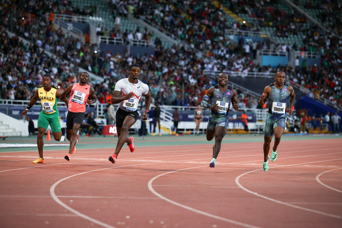 WorldAthletics's tweet photo. @fkerley99 takes the top spot in Rabat with 9.94.

2nd @AkaniSimbine 9.99  🇿🇦 
3rd @Ferdiomanyala 10.05 🇰🇪 
4th @LetsileTebogo2 10.09 🇧🇼 
5th @TrayvonBromell 10.10 🇺🇸 

#DiamondLeague 
📸 @matthewquine https://t.co/0ljz5dQfDd