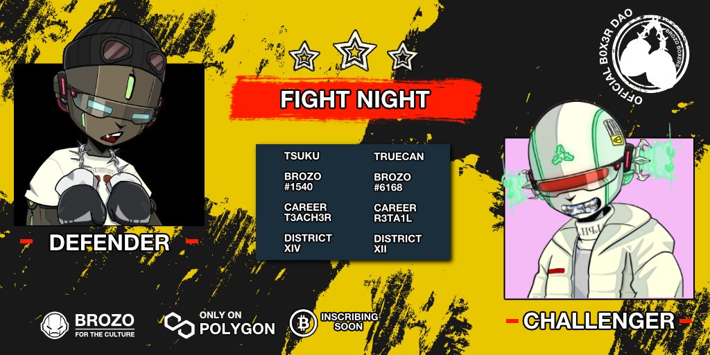 Ladies and Gentlemen! It is time for our Inaugural Fight of this evening!

A member of the <a href="/BrozoNFT/">BROZO</a> Boxer DAO has been challenged by an aspiring Retailer!

Tonight's Headliner is - @0xTsuku vs <a href="/TrueCan_/">TrueCan</a> -

Voting Below 👇 #LFBOX #Eighty0ne #FTC