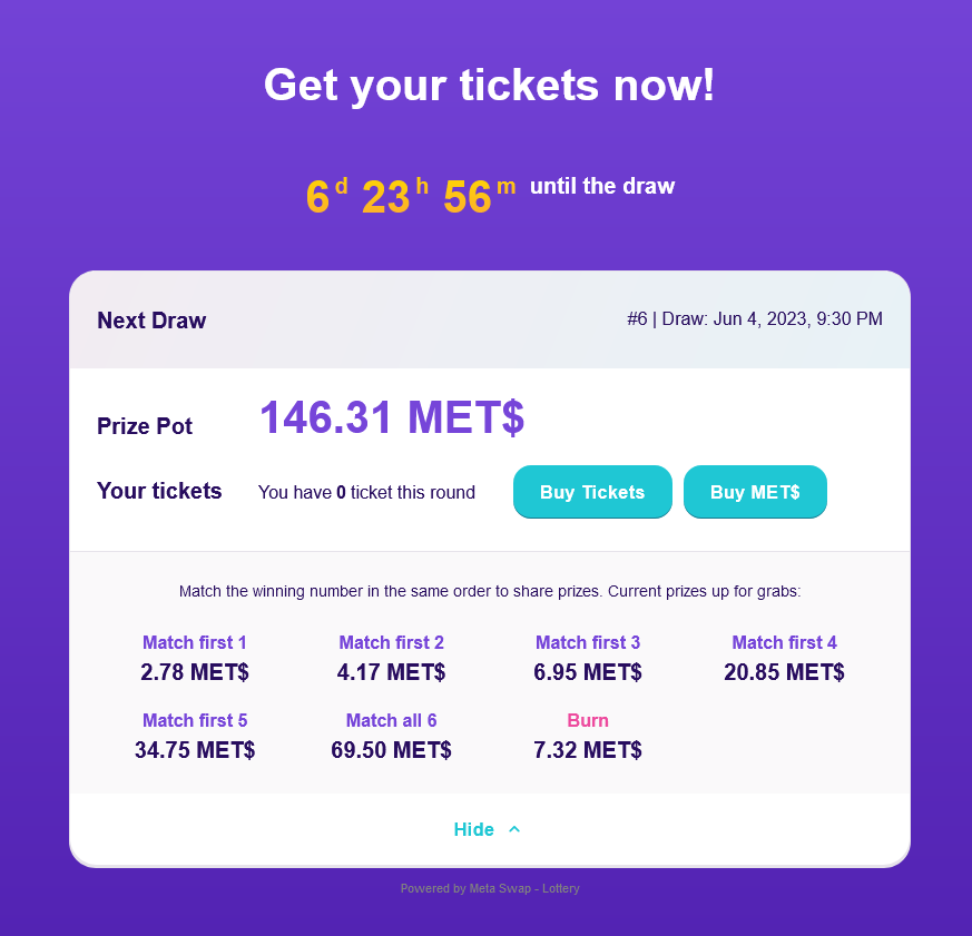 MetaSwapDexLp's tweet photo. Second MET$ Lottery 🎲draw 🎉🎉🎉

Congratulations to the winner 🏆!!! 🍀

Tickets 🎟sales reopened for the next draw on
📆Sunday 04/06/23 at 🕒21:30
with a new Jackpot of 146,31 MET$

 #Lottery #BscChain #MetaSwapDexLp
👇👇👇👇👇👇 https://t.co/vN6tEaLRTE