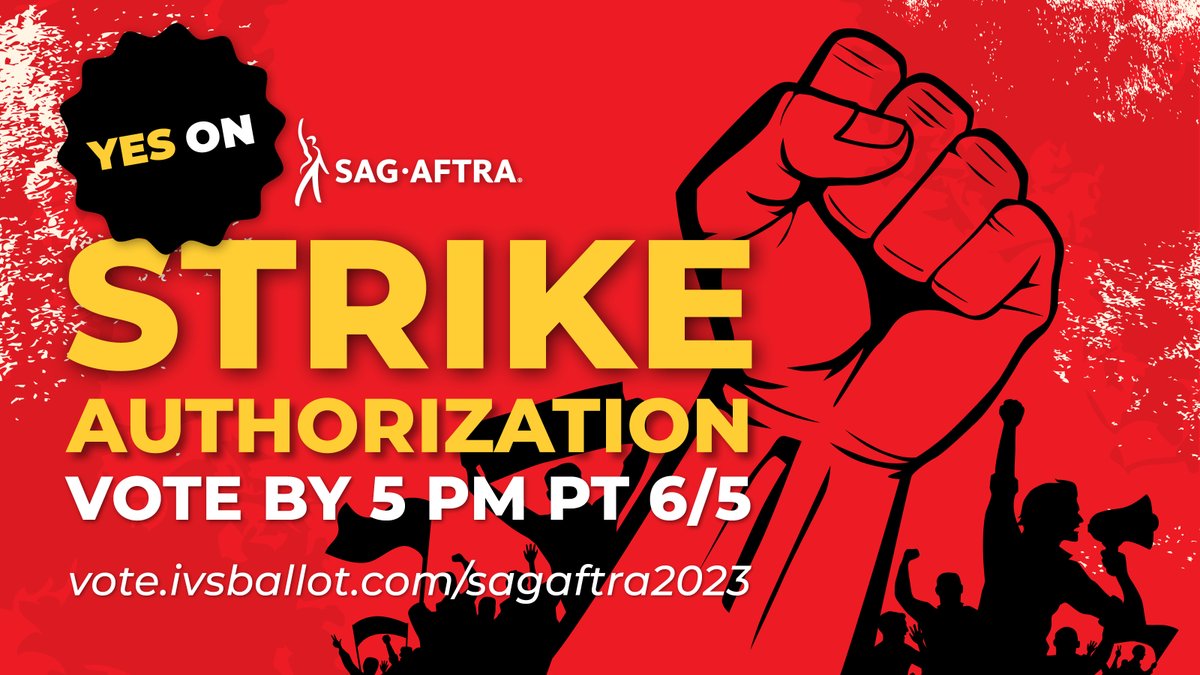 Hey eligible #sagaftramembers, have you voted for a strike authorization yet? 

Vote by June 5 at 5 PM PT and show how SAG-AFTRA members are a united front! #SAGAFTRAstrong

Learn more at sagaftra.org/contracts2023