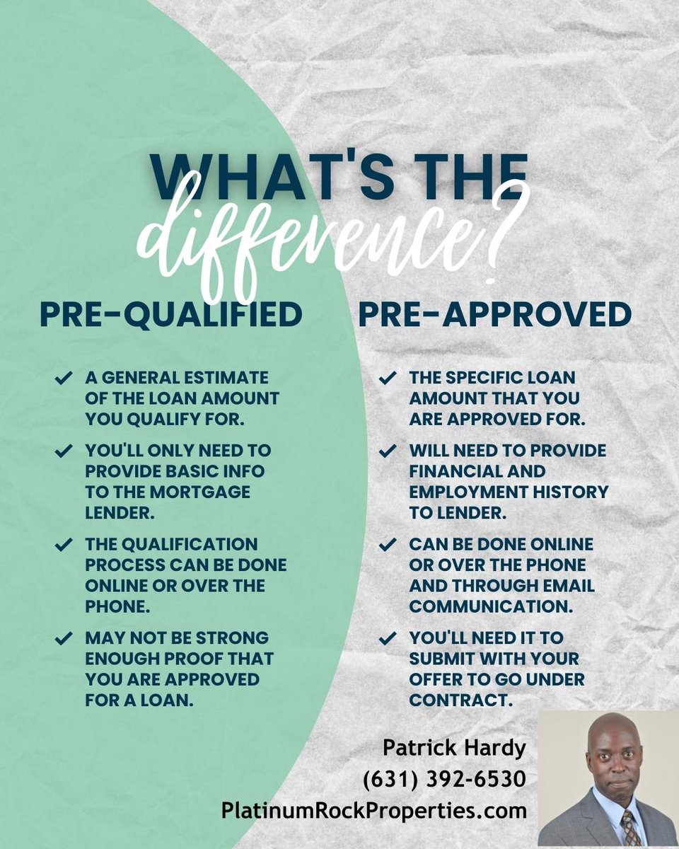 PlatinumRockPrp's tweet image. There are MAJOR differences between a #prequalification &amp;amp; a #preapproval. To be in a better position of getting your offer accepted by a homeowner, make sure you are #preAPPROVED before shopping for a #home!
#suffolkcounty #nassaucounty #buyersagent #firsttimebuyer #homebuyertips