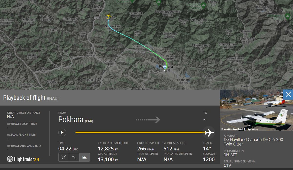 OnDisasters's tweet photo. #OTD in 2022: Tara Air Flight 197, a DHC-6 crashes in Jomsom (Nepal) all 22 aboard die. Enroute, aircraft hit a mountain in CFIT. Inquiry pointed crew actions, who were off course, flying in poor visibility, with terrain alarms inhibited, noting various breaches of SOP. https://t.co/swwZnSh4bo