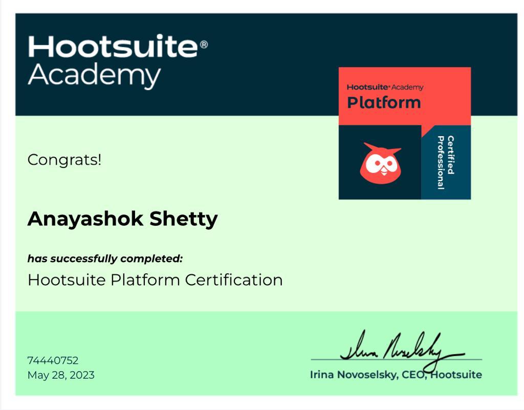 I am happy to share that I have successfully attained my Hootsuite Certification \@gbcollege\_dex georgebrown college   Hootsuite \@GeorgeBrowngrad
