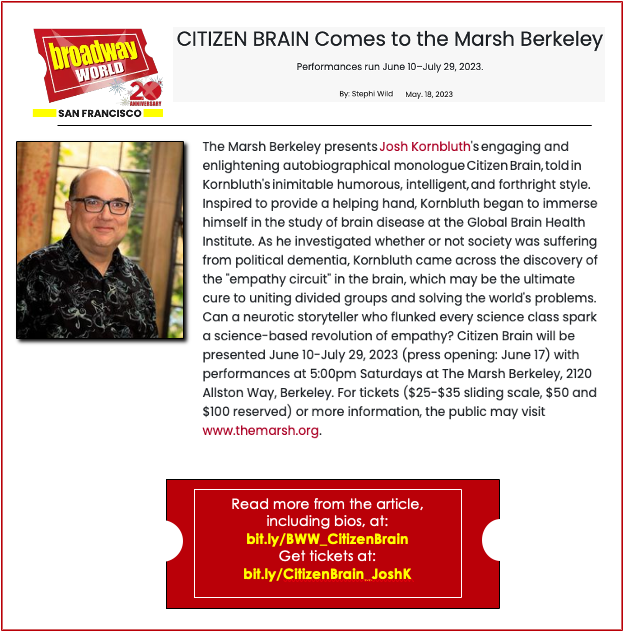 ILoveTheMarsh's tweet photo. Get your brains in gear— @joshkornbluth is bringing CITIZEN BRAIN to #TheMarshBerkeley on Saturdays at 5pm starting JUNE 10!
Read about it in @BroadwayWorld, including performer and director bios at: https://t.co/1PU4rwoDtA
Get advance tix at: https://t.co/TO1LWspVVw https://t.co/JW90YsZoxh
