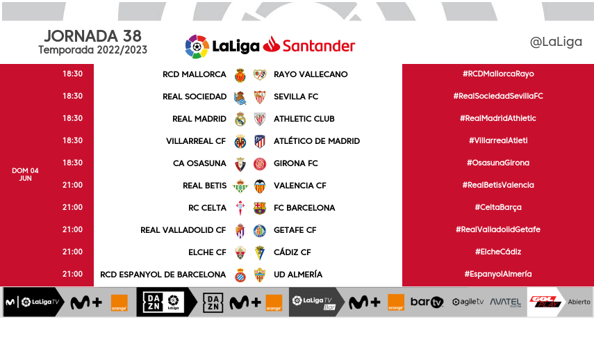 LaLiga's tweet photo. MODIFICACIÓN | Consulta cuándo se disputarán finalmente los encuentros de la jornada 38 de #LaLigaSantander. https://t.co/LnE3dZ64Id