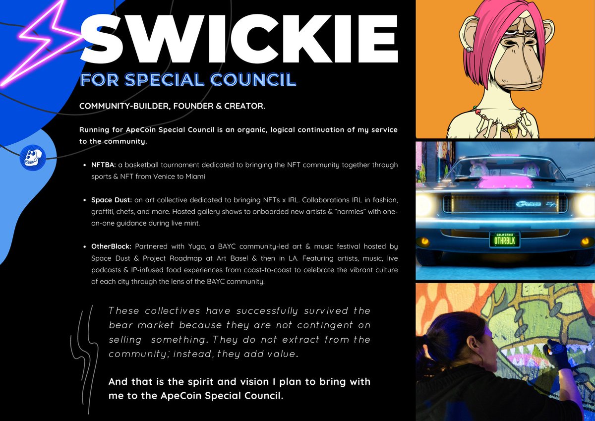 Swickie's tweet photo. Hope you are touching grass! I want to announce something exciting before the weekend is over. 

I'm running for @apecoin Special Council.

Here's why I believe I am the best person for the job...

Nomination Statement: 
https://t.co/oR2XNg5G7s https://t.co/6rtjoLUfP9