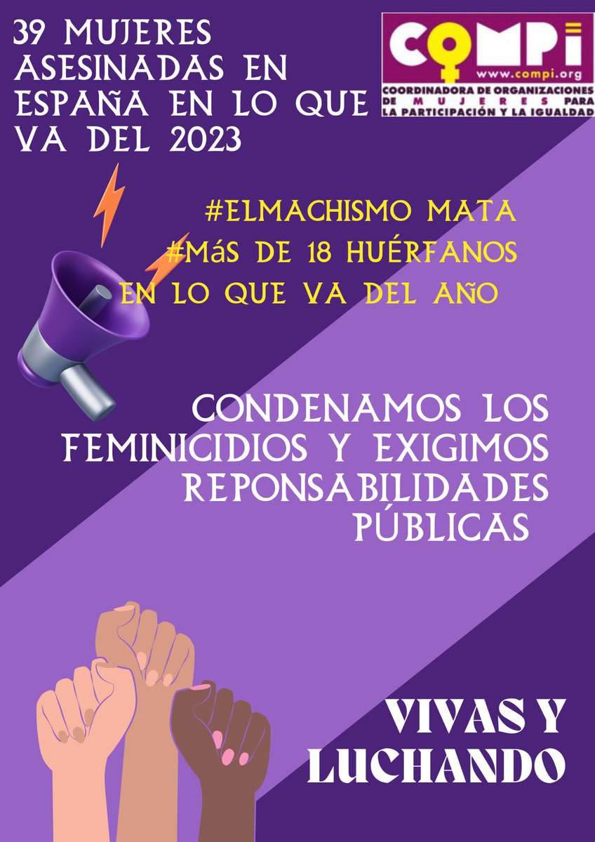 CoordinaCOMPI's tweet image. #Compi condena nuevo #AsesinatoMachista en #Vitoria-Gasteiz y exige acciones concretas para parar estos #Feminicidios en total #39mujeres menos en #2023 y cerca de #18niñas/niños huérfanos en #España