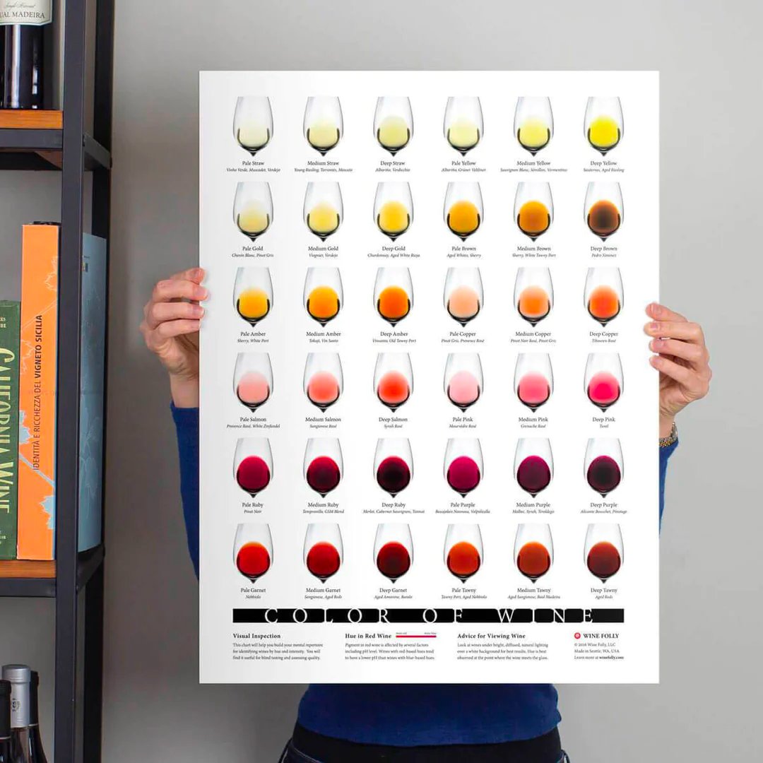 Observing color in wine will improve your mental repertoire for activities such as blind tasting, assessing wine quality, and vintage. This chart offers the hue spectrum and common nomenclature to describe wine's color! shop.winefolly.com/collections/po…