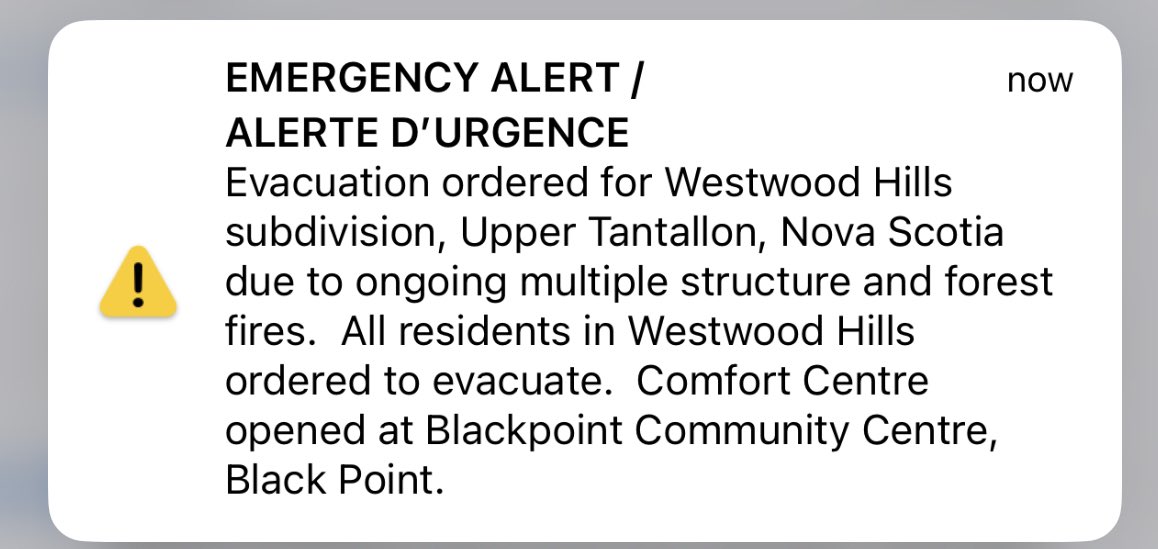 There is an evacuation order for Westwood Hills subdivision, Upper Tantallon, NS due to ongoing multiple structure and forest fires. All residents in Westwood Hills ordered to evacuate. Comfort Centre is open at Black Point  Community Centre, Black Point.